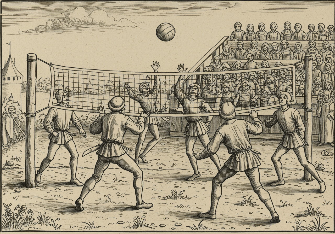 Gravure médiévale d'une scène de volleyball