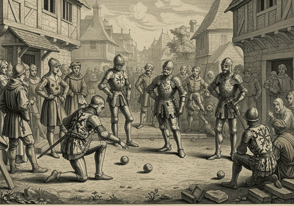 PetanqueChevaliers Gravure médiévale d'une scène de pétanque