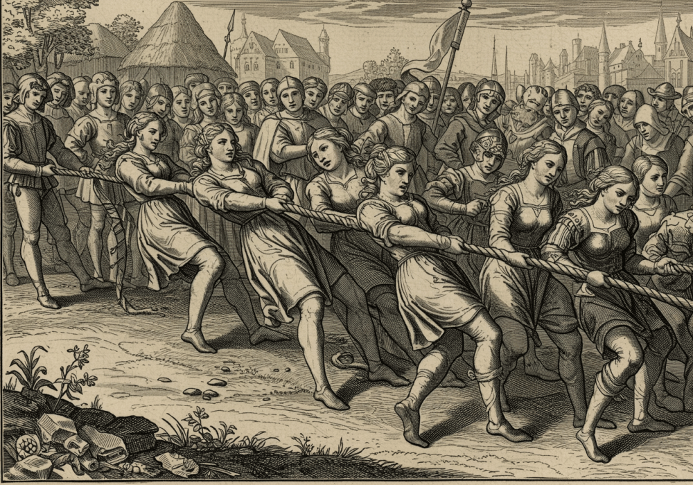 TirCordeFeminin Gravure médiévale d'une scène de tir à la corde féminin
